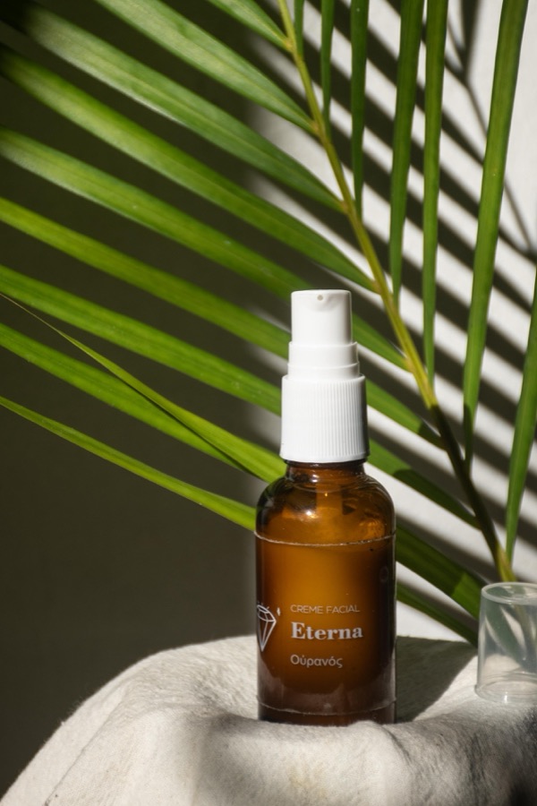 Crema hidratante facial en frasco ámbar junto a una hoja de palmera